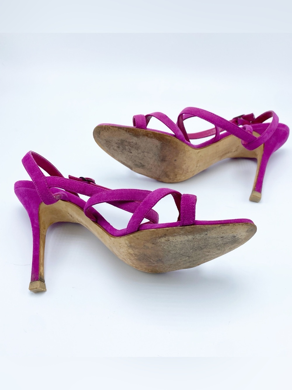 Manolo Blahnik 36.5 / 6.5 Fuchsia Suede Strappy Stiletto Heel Sandals - Picture 9 of 10
